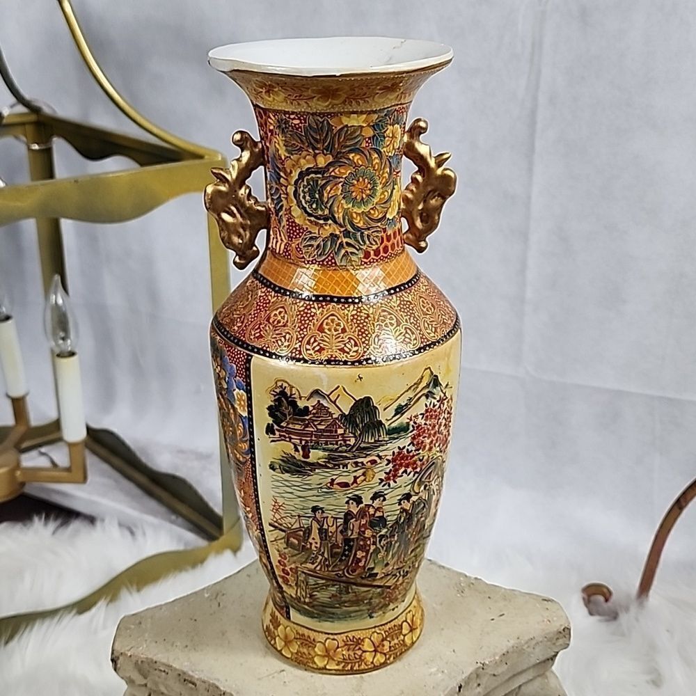 Hand Painted Japanese Water and Mountain Scene Vase Urn